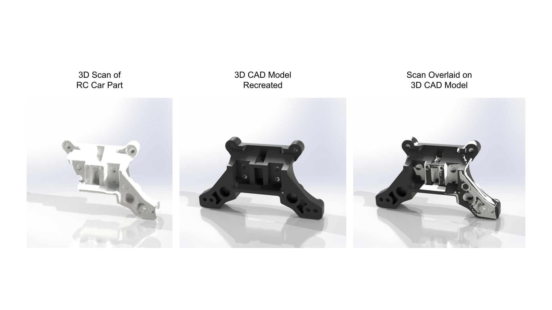 Custom 3D printed RC car shock mount replacement next to damaged original part