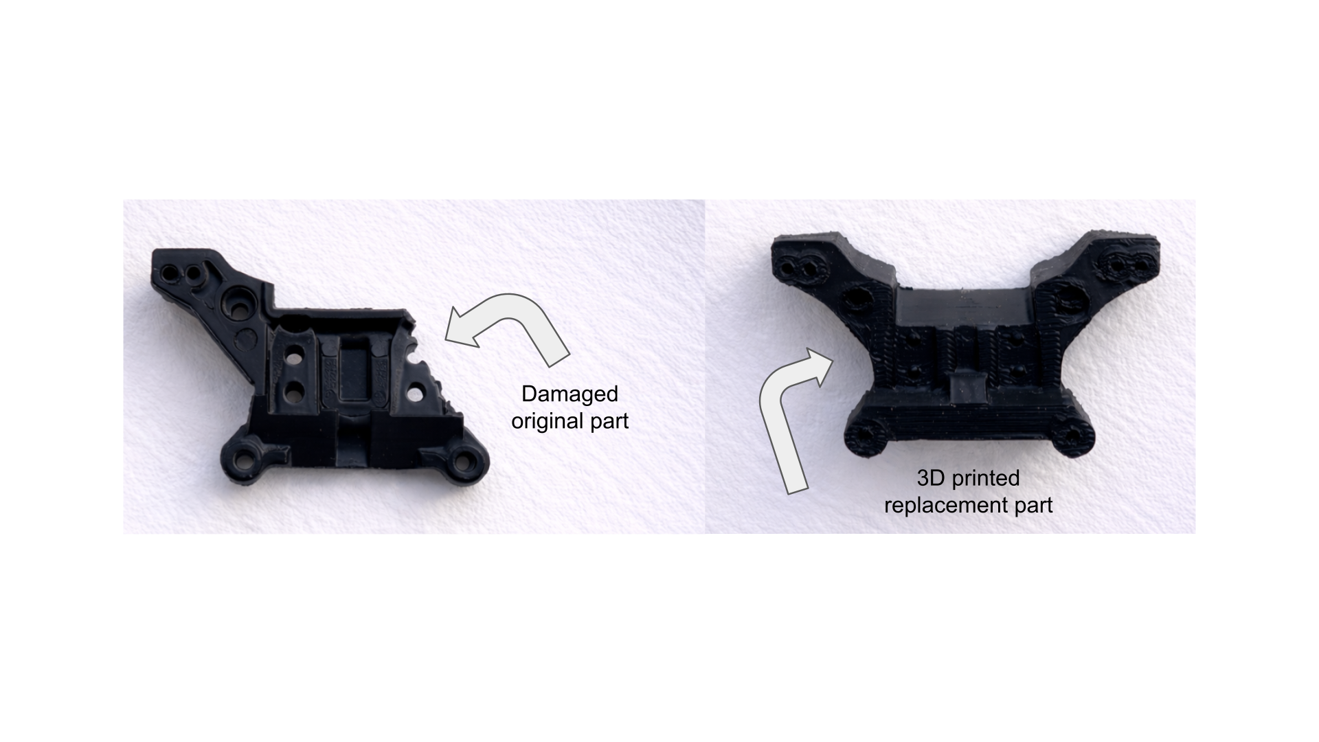 Custom 3D printed RC car shock mount replacement next to damaged original part